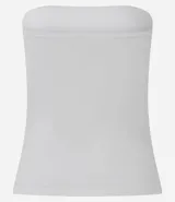 Blusa blanca sin breteles, confeccionada en microfibra, con detalle de encaje en el lateral y corte ajustado.