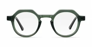Lentes blueblocker modelo Hasan Fog, con montura redonda de diseño geométrico en color verde y patillas negras.