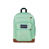 Mochila JanSport Cool Student color verde agua con base marrón.