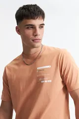 Remera color durazno de manga corta, cuello redondo y corte clásico. Estampado frontal con recuadro de buscador web y texto "authentic".