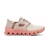 Championes deportivos Skechers Slip-ins Glide-Step Pro, color beige claro con detalles en rosado y cordones marrones. Presentan un sistema de cordones elásticos, plantilla Air-Cooled Memory Foam y media suela geométrica Glide-Step.