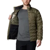 Campera puffer Columbia modelo Delta Ridge II Down Heat Seal, color verde militar, con cuello alto, cierre frontal completo y bolsillos laterales con cierre. Presenta diseño acolchado sin costuras con patrón termosellado.