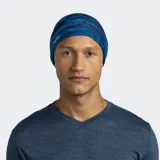 Bufanda tubular multifuncional de tejido elástico con estampado abstracto en tonos azules. Diseño sin costuras, transpirable y con protección solar.