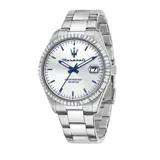 Reloj Maserati Competizione con caja de acero inoxidable plateada de 43mm, dial plateado con detalles en azul y brazalete de acero inoxidable plateado. Cuenta con movimiento de cuarzo Miyota 2415, ventana de fecha y cristal mineral resistente. Es resistente al agua hasta 100 metros.