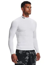 Remera de compresión Under Armour ColdGear Armour para hombre, color blanco, de manga larga y cuello alto con logo de la marca en el centro.