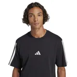 Remera Adidas Essentials 3 de hombre, color negro, con cuello redondo acanalado y hombros ligeramente caídos. Presenta las tres tiras blancas características de Adidas en las mangas y el logo de las tres barras bordado en el frente.
