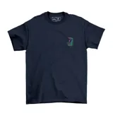 Remera de algodón color azul marino con estampa pequeña de una máquina arcade en el pecho y estampa grande en la espalda con diseño inspirado en Street Fighter.