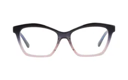 Armazón para anteojos Demenego modelo 143/53, de acetato, con forma de ojo de gato y diseño degradado en negro, azul y rosa.