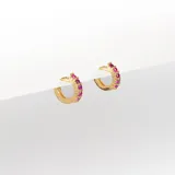 Par de aros tipo argolla dorados con cristales rosa oscuro en el frente. Acabado con baño en oro de 18k.