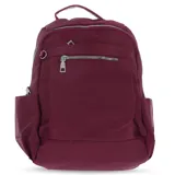 Mochila Miss Carol de diseño urbano, confeccionada en material sintético de color bordó. Cuenta con un compartimento principal con cierre, un bolsillo frontal con cierre metálico, bolsillos laterales y manija superior.