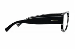 Lentes con armazón negro de diseño geométrico y parte superior plana, equipados con protección de luz azul.