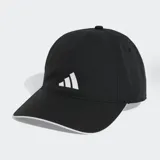 Gorra deportiva Adidas de cinco paneles, color negro con logo blanco bordado en el frente y detalle de borde blanco en la visera. Cuenta con tecnología de absorción de humedad y tira ajustable en la parte posterior.