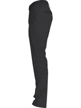 Pantalón tipo chino de corte slim, color negro, con cierre de botón y cremallera, trabillas para cinturón y bolsillos laterales.