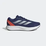 Championes de running Adidas Duramo RC, color azul marino con tres franjas plateadas en el lateral. Presenta detalles en rojo en el talón y una suela blanca gruesa con base negra.