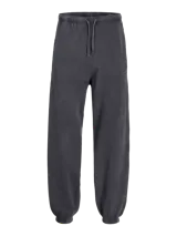 Pantalón de jogging gris oscuro con cintura elástica ajustable con cordón, corte holgado, bolsillos laterales y puños elásticos.