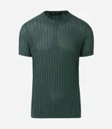 Remera masculina de algodón con textura acanalada y efecto punto. Presenta un diseño de corte regular, cuello redondo y manga corta.