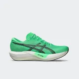 Championes de running Asics Magic Speed 5, color verde brillante con detalles en negro y suela blanca con placa de carbono.