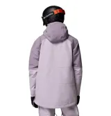 Campera tipo anorak de esquí Columbia, impermeable y transpirable con tecnología Omni-Tech. Presenta un diseño en tonos lila con cierre frontal de media cremallera en color naranja vibrante, capucha ajustable compatible con casco, bolsillo canguro frontal y bolsillo adicional en el pecho con cierre.