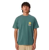 Remera verde de manga corta con efecto lavado, cuello redondo y un pequeño estampado en el pecho con diseño de sol y texto.