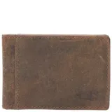 Billetera de cuero natural con acabado rústico, diseño plegable con clip magnético para billetes y ranuras para tarjetas. Incluye tecnología de protección RFID y forro interior de poliéster reciclado.