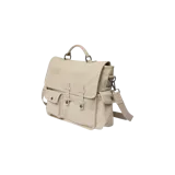 Bandolera tipo messenger bag de lona color beige, con múltiples bolsillos frontales y laterales con solapa y botones a presión. Cuenta con solapa principal con cierre de correas decorativas, manija superior y correa ajustable y desmontable. Presenta el nombre de la marca bordado en tono sobre tono sobre la solapa.