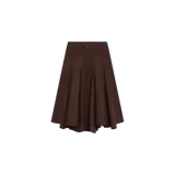 Pollera marrón con diseño plisado y corte acampanado, de talle alto con pretina elástica y detalle de logo sutil en la parte superior.