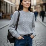 Sweater de punto color blanco marfil, con diseño de trenzas frontales, cuello redondo y mangas largas con puños elásticos acanalados.