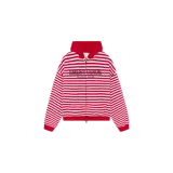 Campera con capucha y cierre frontal de Eme Studios, modelo Capri Cherry Full Zip. Diseño a rayas horizontales rojas y blancas, con estampa tipográfica en el pecho y bolsillos tipo canguro.