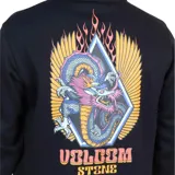 Canguro negro con cierre frontal, capucha con cordones ajustables, bolsillo tipo canguro y logo Volcom estampado en el pecho.