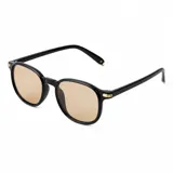 Lentes de sol Valizas con armazón redondo de acetato negro y detalles metálicos dorados en las bisagras. Posee cristales marrones claros con protección UV400.
