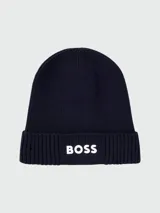 Gorro tipo beanie de lana en color negro, con diseño de punto acanalado y borde doblado.