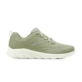 Championes deportivos Skechers modelo Bobs Sport B Flex, color verde oliva con suela blanca. Presentan diseño con cordones, parte superior de material sintético con perforaciones decorativas y logo de la marca en el lateral.