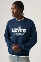 Buzo de cuello redondo Levi's en color azul marino, con estampado gráfico frontal en blanco que incluye el logo de la marca y un diseño de rodeo.