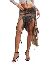 Falda midi asimétrica con estampado abstracto en tonos marrones y beige, con abertura lateral y cordones ajustables.