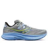 Championes Saucony Guide 16 de dama, color gris con detalles en celeste, amarillo y azul.