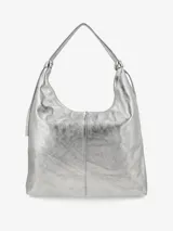 Cartera tipo saco de cuero suave, de diseño amplio y relajado, con asa para llevar al hombro, tiras anudadas a los lados y cierre.