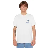 Remera blanca de manga corta con cuello redondo y un pequeño estampado en el pecho izquierdo que incluye palmeras y el logo de Rip Curl.