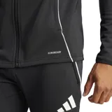 Campera deportiva Adidas Tiro 25 Competition, color negro con detalles en blanco. Cuenta con cierre frontal completo, cuello alto, tecnología AEROREADY y corte entallado.