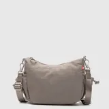 Cartera tipo bandolera de la marca Bubba, confeccionada en material sintético de aspecto arrugado en color gris topo. Presenta un compartimento principal con cierre, dos bolsillos laterales con ajuste de cordón y una correa ajustable y extraíble con logo grabado.