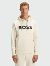 Buzo con capucha Boss modelo Soody Zone, color beige claro, con logo de la marca estampado en negro en el pecho y cordones ajustables en la capucha.