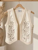 Chaleco de denim color camel con bordados florales en blanco y aplicaciones de perlas en el frente.