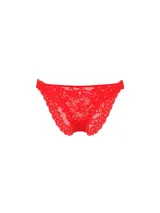 Panty de encaje color rojo de talle medio, con cobertura moderada en la espalda, detalle de roseta en el frente y refuerzo de algodón.