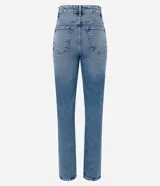 Pantalón de jean azul con lavado efecto mármol, corte recto, tiro alto, bolsillos delanteros y traseros, cierre con botón y cremallera.