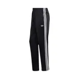 Pantalón deportivo adidas de corte recto, color negro con las clásicas tres tiras blancas a lo largo de los laterales y el logo del trébol bordado en la pierna. Cuenta con cintura elástica.