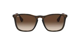 Lentes de sol Ray-Ban con montura cuadrada color marrón carey y lentes marrones degradadas.