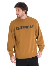 Buzo Caterpillar de color marrón mostaza, con cuello redondo, manga larga y el logo de la marca estampado en negro en el pecho.
