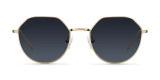 Lentes de sol de diseño geométrico con montura de acero inoxidable en color dorado y cristales negros polarizados. Cuentan con protección UV400 categoría 3 y recubrimiento antirrayas.