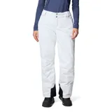 Pantalón de nieve Columbia Bugaboo II Omni-Heat para mujer, de color blanco con detalles negros en los dobladillos inferiores, diseñado con tecnología impermeable y transpirable para deportes de invierno.