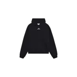 Hoodie de corte oversized color negro, con capucha, bolsillo canguro frontal y pequeño logo estampado en el pecho.