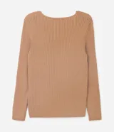 Blusa negra de punto liviano con textura acanalada, escote en pico y mangas largas.